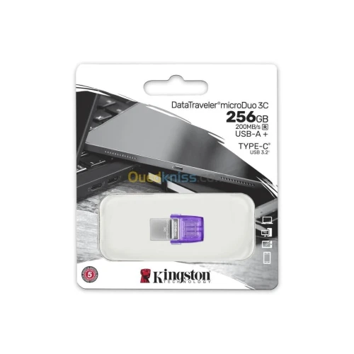 KINGSTON DATATRAVELER MICRODUO 3C 256GB - FLASH DISQUE 256GB - USB-A + USB-C - TRANSFERT RAPIDE 200 MB/S
