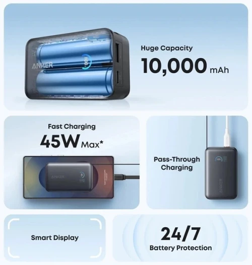 ANKER COMPACTE & DURABLE POWER BANK - 10000 MAH - 45 W - 2 x USB-C - LIGHTNING CABLES - BLACK