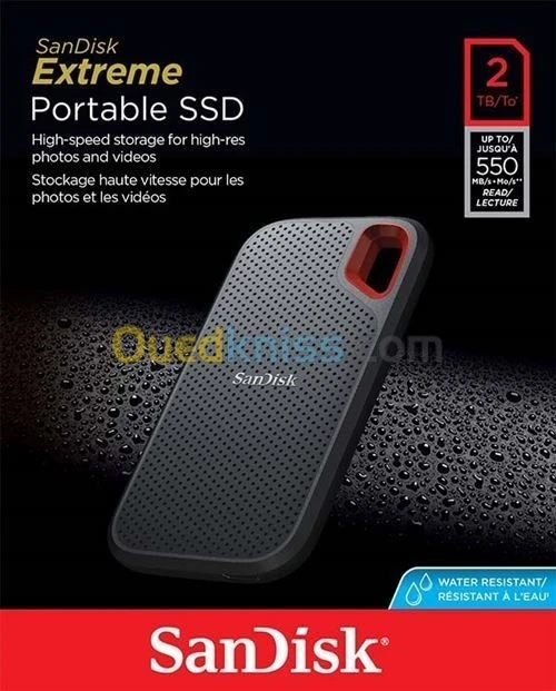 SANDISK EXTREME PORTABLE 2TO SSD - DISQUE DURE EXTERNE - TYPE-C USB 3.2 LECTURE JUSQU'À 1050 MO/S