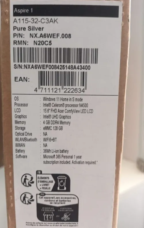 ACER ASPIRE 1 - INTEL CELERON NA4500 - 8GB DDR4 - 256GB SSD - 15.6" FHD - WIFI 6 - WIN 11 - SILVER