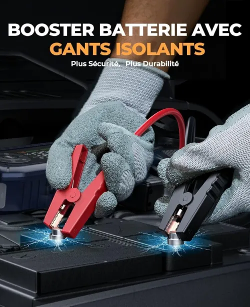 Booster Batterie Voiture avec 150PSI Gonfleur Pneus, 12V Démarreur Voiture Puissant, Booster Batterie Moto avec 500 Lumière LED 4 Modes, Grand Écran, Gants(Jusqu'à 9L Gaz ou 8L Diesel)