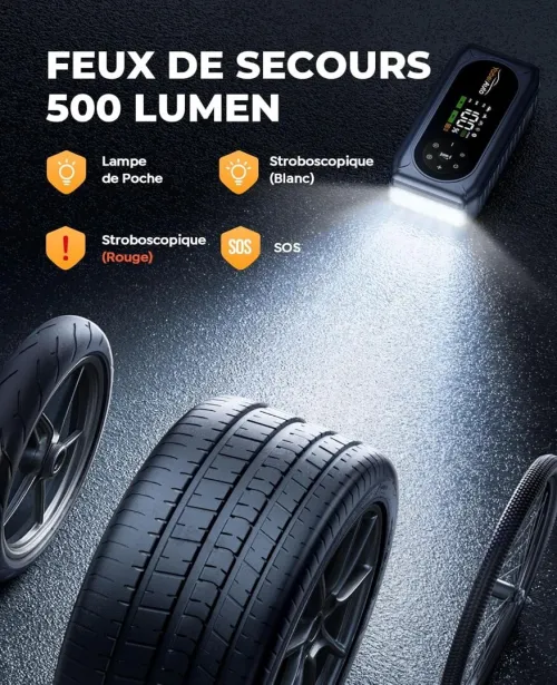 Booster Batterie Voiture avec 150PSI Gonfleur Pneus, 12V Démarreur Voiture Puissant, Booster Batterie Moto avec 500 Lumière LED 4 Modes, Grand Écran, Gants(Jusqu'à 9L Gaz ou 8L Diesel)