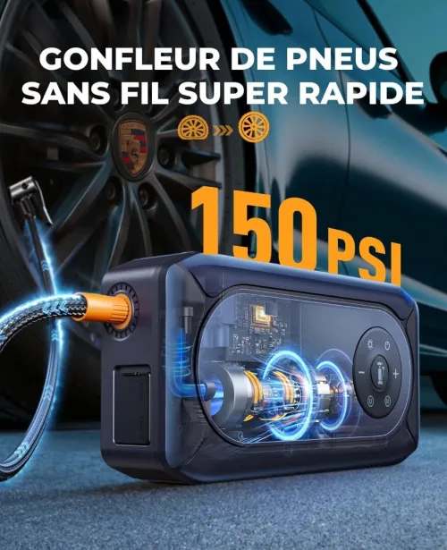 Booster Batterie Voiture avec 150PSI Gonfleur Pneus, 12V Démarreur Voiture Puissant, Booster Batterie Moto avec 500 Lumière LED 4 Modes, Grand Écran, Gants(Jusqu'à 9L Gaz ou 8L Diesel)
