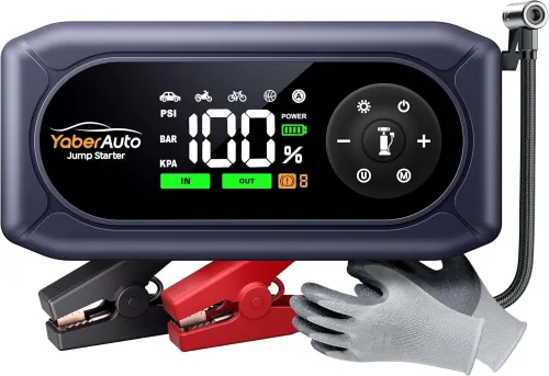 Booster Batterie Voiture avec 150PSI Gonfleur Pneus, 12V Démarreur Voiture Puissant, Booster Batterie Moto avec 500 Lumière LED 4 Modes, Grand Écran, Gants(Jusqu'à 9L Gaz ou 8L Diesel)