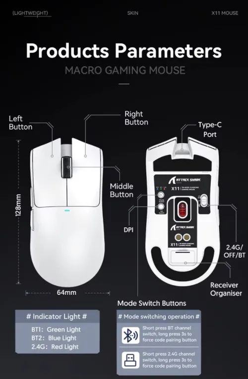 ATTACK SHARK X11- SOURIS FILAIRE & SANS FIL - BLUETOOTH - 5 BOUTONS - 22000 DPI - 1KHZ - RGB