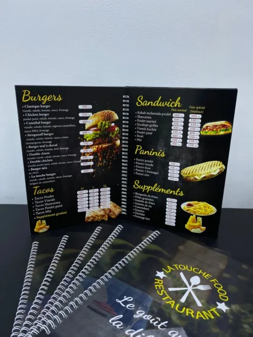 Menu rigide restaurant, fast food, cafétéria, brunch ....