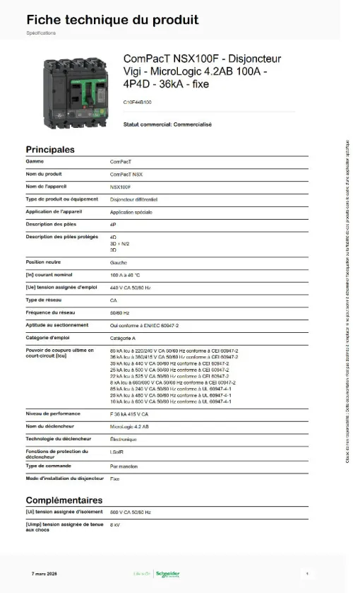 Disjoncteur Schnider Electric ComPacT NSX100F différentiel MicroLogic 4.2AB 100A