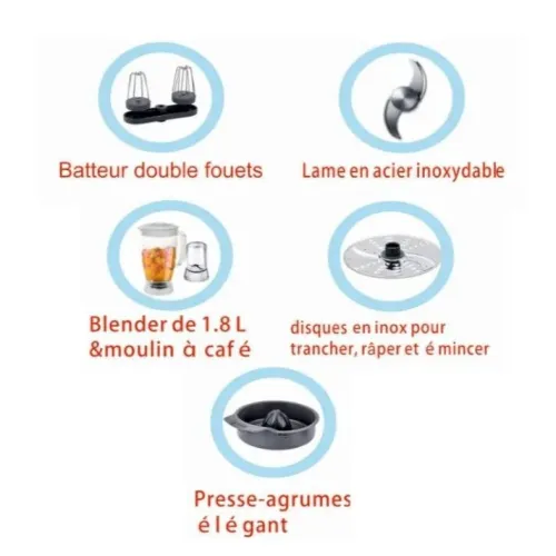 Robot Multifonction Robuste 7 Accessoires 25 Fonctions 800W 1.8L - روبوت مطبخ متعدد المهام