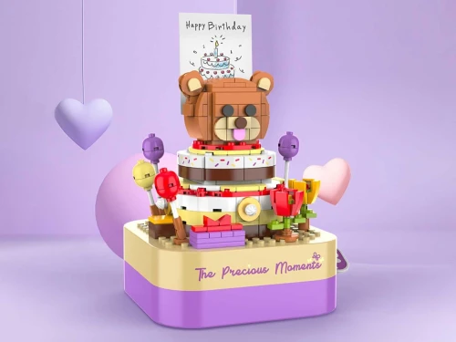 Boîte Musicale et Lego Blocs à Construire Rotatif - Forme Gâteau Anniversaire Ourson