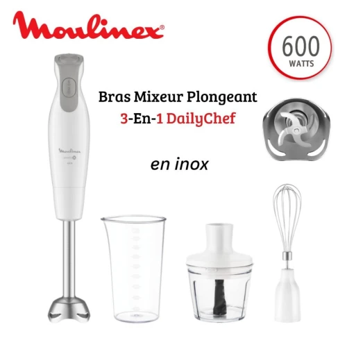 Bras Mixeur Plongeant 3en1 Moulinex DailyChef 600W - 2 Vitesses avec Hachoir, Fouet et Verre doseur