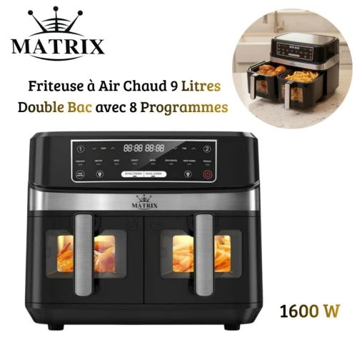 Friteuse Air Fryer Matrix Double Tiroirs 9L 1600W À Air Chaud - 8 Programmes Tactile Double zone