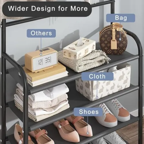 Porte Manteau avec Étagères à Chaussures 5 Niveaux - Meuble d Entrée 2 en 1 Métalique