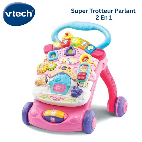 VTech Super Trotteur Parlant 2En1 pour Bébé Pliable Rose - Version FR - Cadeau Bébé