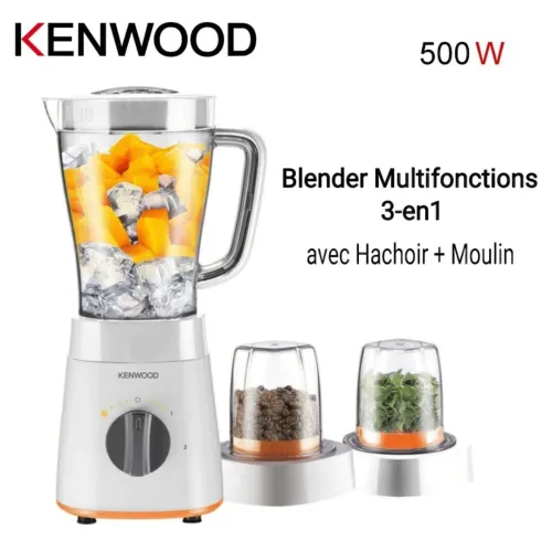 Blender Mixeur Kenwood 500W 2L Avec Hachoir et Moulin - 2 Vitesses et Turbo avec Fonction Ice Crush