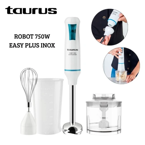 Taurus Bras Mixeur Plongeant 3en1 750W - avec Hachoir, Fouet, Verre doseur ROBOT 750 EASY PLUS INOX