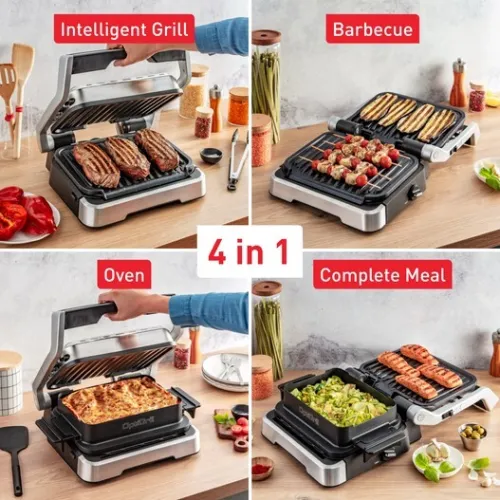 Panineuse et Grill à Viande 4En1 Électrique Tefal 2100W Ouverture 180 avec 09 Programmes de Cuisson Fonctions Barbecue et Four à Gratin et Repas Complet - OptiGrill GC774D10