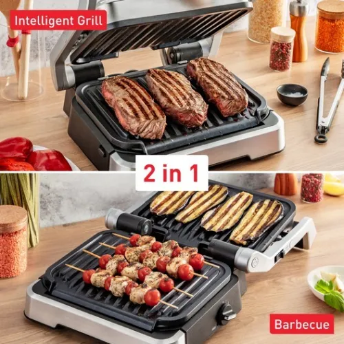 Panineuse Grill À Viande Électrique Tefal 2En1 - 2100W Ouverture 180 avec 09 Programmes et Système de Cuisson Automatique - OptiGrill GC772D10