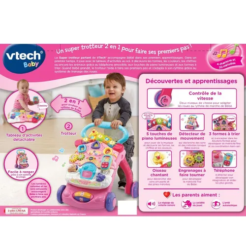 VTech Super Trotteur Parlant 2En1 pour Bébé Pliable Rose - Version FR - Cadeau Bébé