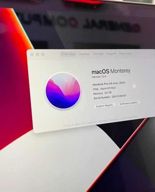 MACBOOK PRO 14" 2021 A2442 EMC3650 M1 Max 10-Core CPU/32-Core GPU RAM 64GB DISQUE 1TB SSD 