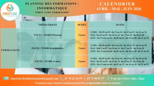 Calendrier FIRST LINE FORMATION des formations/séminaires : Avril/mai/juin 2026