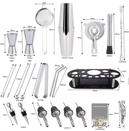 Kit de Barman Professionnel 22 Pièces avec Shaker Acier Inoxydable  Support Élégant