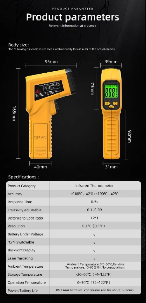  thermomètre infrarouge -50 ~ 530C sans contact Laser
