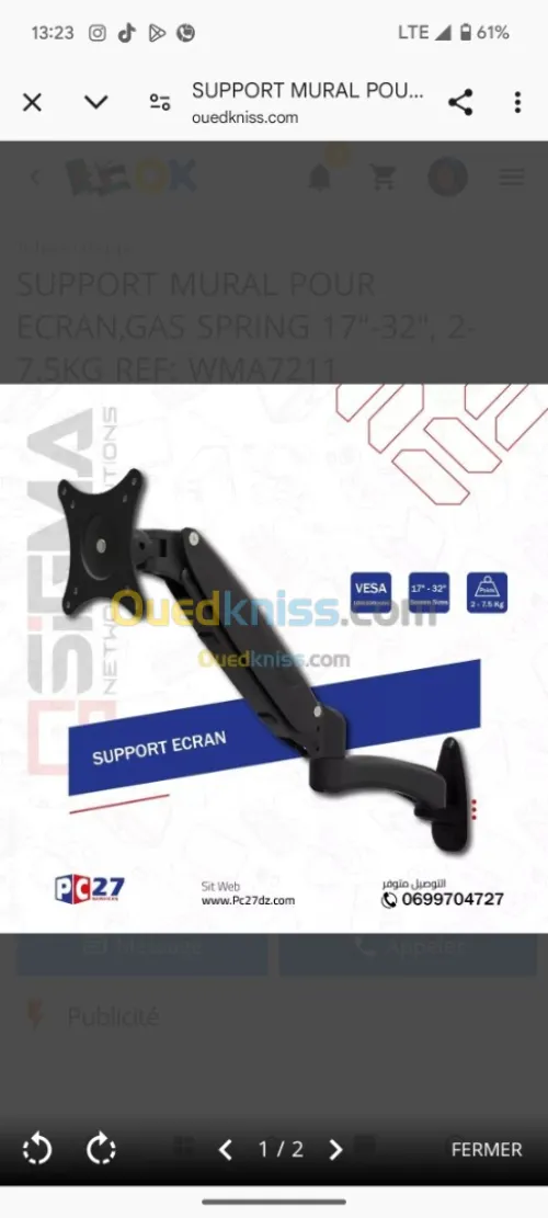 SUPPORT MURAL POUR ECRAN,GAS SPRING 17"-32", 2-7.5KG 