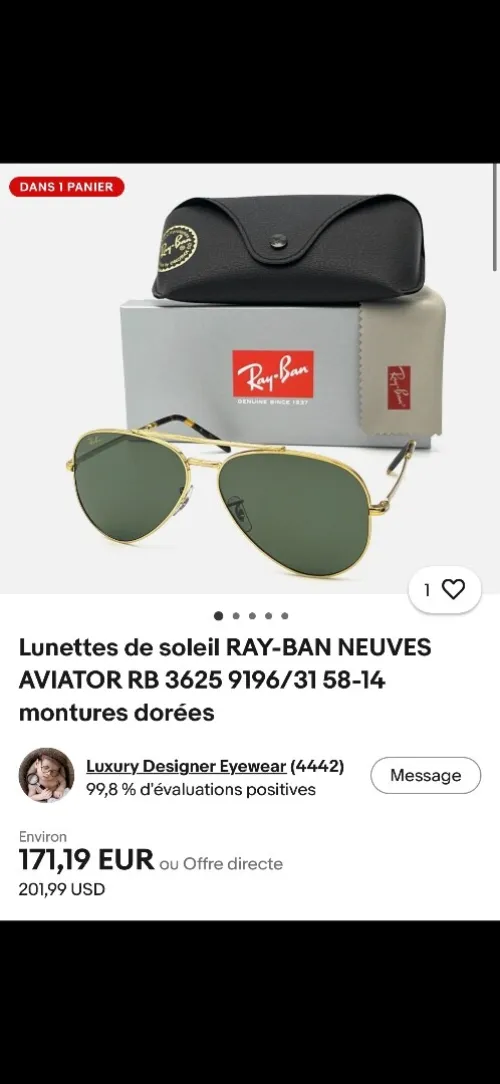 Lunettes de soleil RayBan Aviator RB3625 9196/31  Neuves Monture dorée