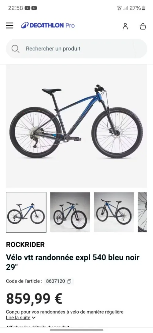 Vélo VTT rockrider explorer 540 2024 taille (L) roué 29 pouce