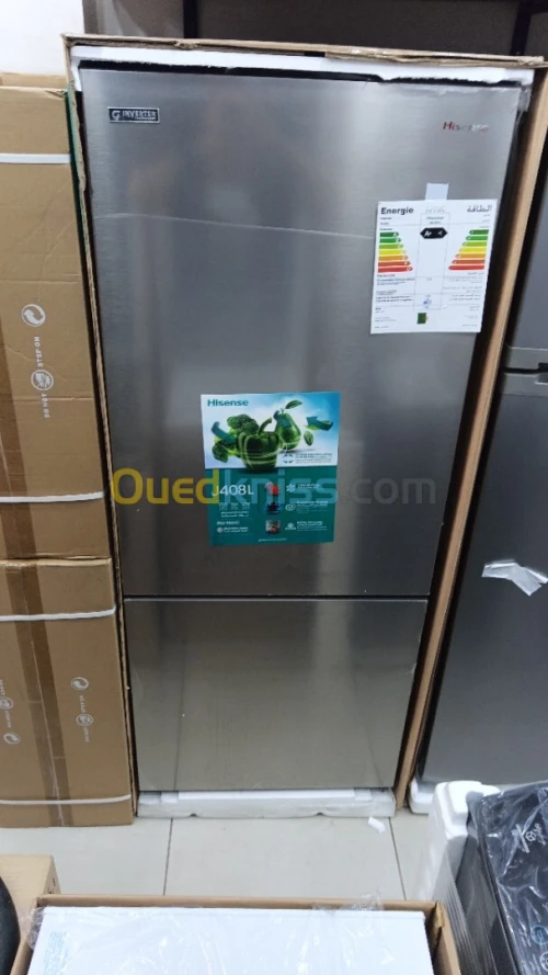 Promo Réfrigérateur Hisense combiné inox-silver 408L metal tech nofrost INVERTER 10 ANS DE GARANTIE
