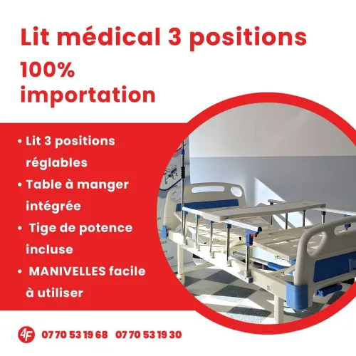 lit médical 3 positions à réglage manuel    سرير طبي 3 وضعيات + طابلة + Potence