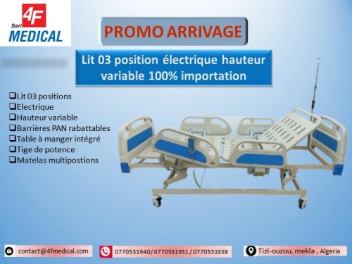 Lit médicalisé d'importation 03 positions électrique hauteur variable barrières en ABS rabattables