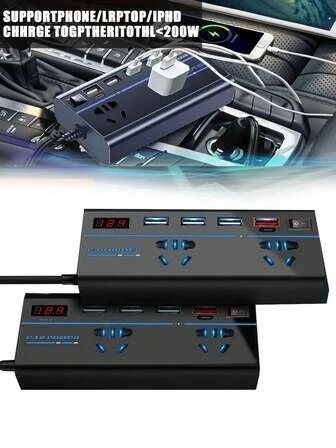 Adaptateur convertisseur de tension DC12V/24V vers AC110V/220V avec 2 prises CA et 4 ports USB