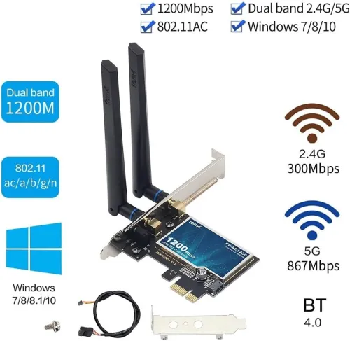 Carte réseau PCIe Wi-Fi AC Fenvi 1200Mbps pour PC Windows - Double bande Gigabite + Bluetooth 4.0