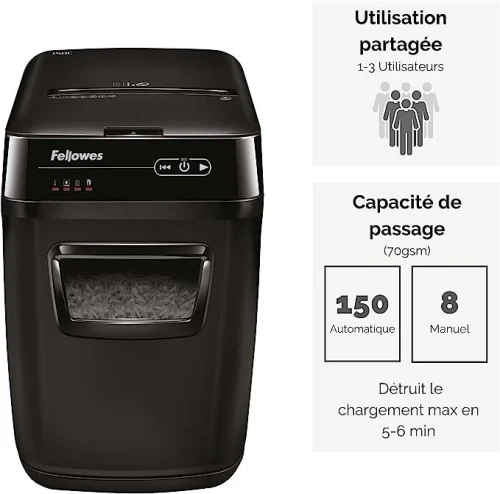 DESTRUCTEUR DE DOCUMENTS  FELLOWES  AUTOMAX 150C COUPE CROISEE P4 32LITRES