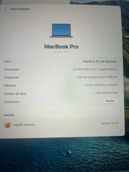 APPELE MacBooK Pro 15 - 2017 Touch bar