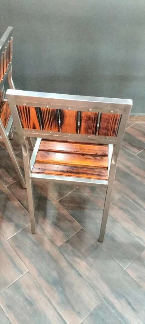 Lot complet tables & chaises inox AISI 304 + bois rouge américain idéal restaurant pizzeria