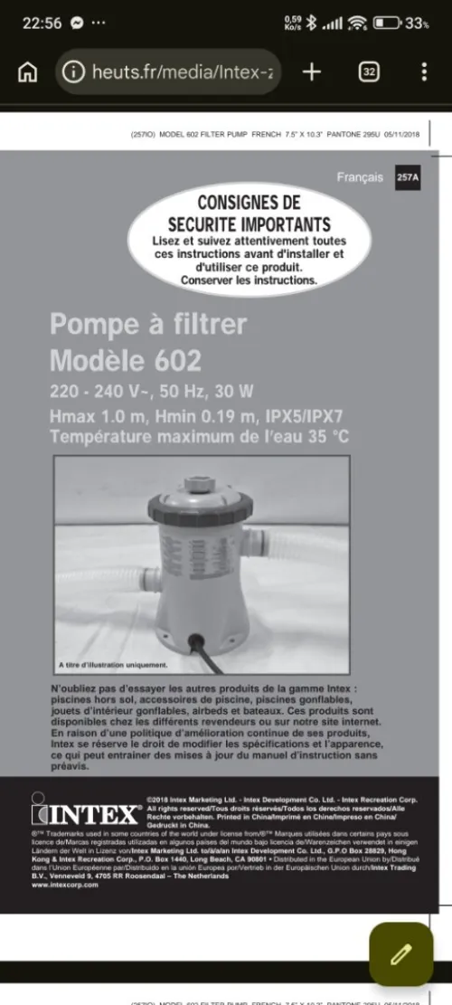 Filtre piscine intex