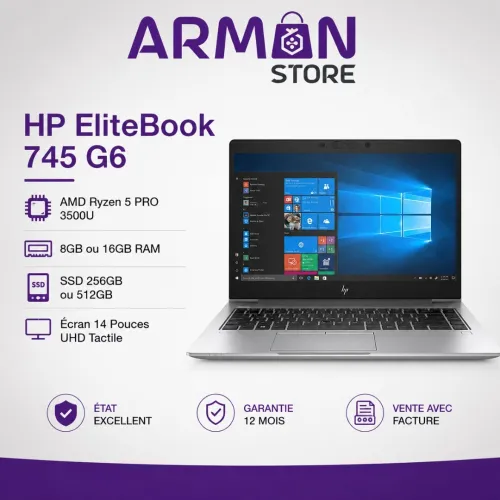 HP EliteBook 745 G6 AMD Ryzen 5 PRO 3500U 8GB ou 16GB RAM SSD 256GB ou 512GB Écran 14 Pouces UHD Tactile État Excellent Garantie 12 Mois Vente avec Facture
