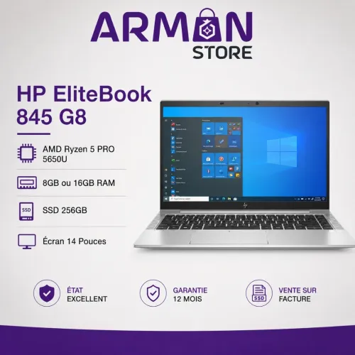 HP EliteBook 845 G8 AMD Ryzen 5 PRO 5650U 8GB ou 16GB RAM SSD 256GB Écran 14 Pouces État Excellent Garantie 12 Mois Vente sur Facture