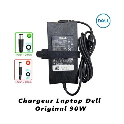 Chargeur Laptop Dell Original 90W 19.5V 4.62A Fiche Noir avec Câble Trèfle État Neuf