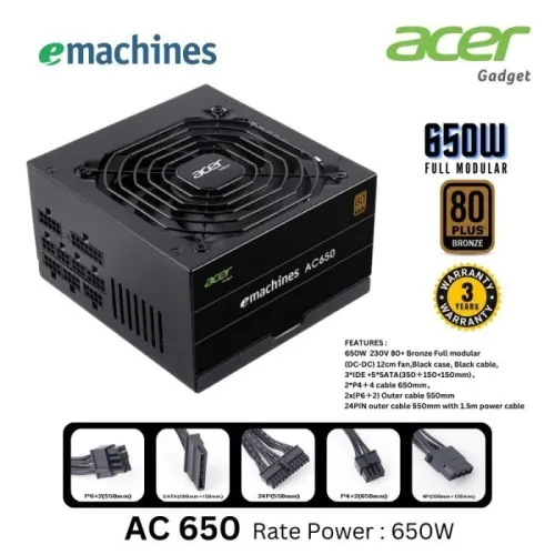 ALIMENTATION ACER EMACHINES 650WAT BLACK 80+ BRONZE FULL MODULAIR