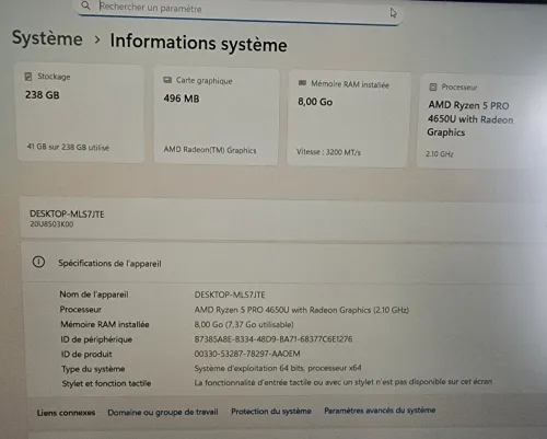 Thinkapad L15 gen ryzen 5 pro 4650u 8gb 256 SSD 15 pouce