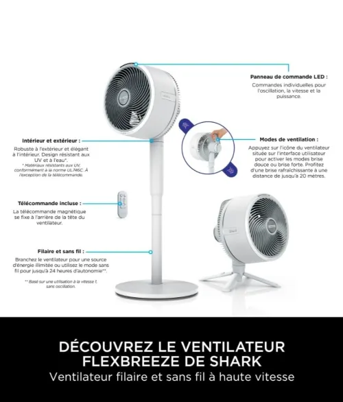 VENTILATEUR  flexbreeze - shark sans fils / batterie 20 h / silencieux / portable