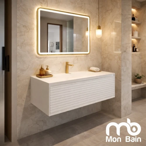 meuble en solide surface blanc a rayure + vasque thermoformé 1 m + miroir 3 positions 80 cm