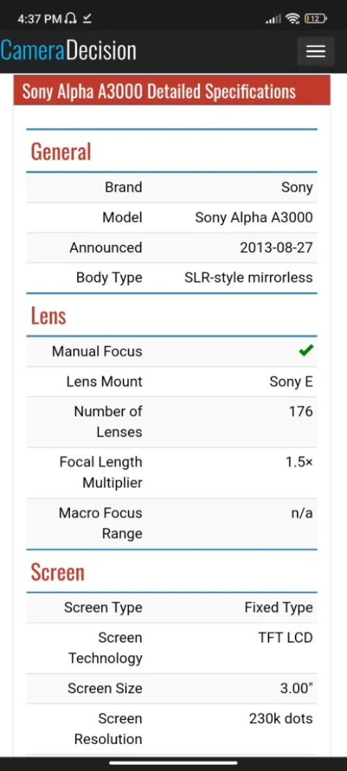 Camera Sony alpha 3000 