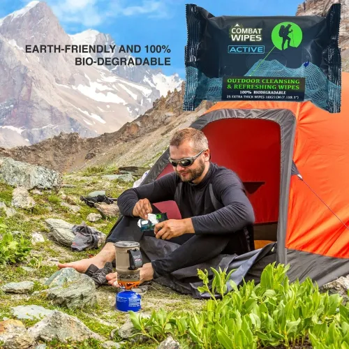 Combat Wipes ACTIVE - Lingettes Biodégradables Ultracompactes pour Hygiène Sans Eau Pour Randonnée & Bivouac