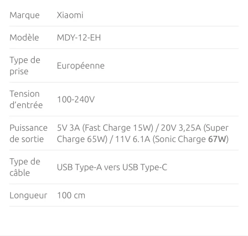 Chargeur Xiaomi 67W Original 