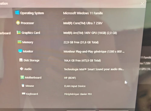 HP OmniBook X Flip Laptop 14-fm0xxx  CPU: Intel(R) Core(TM) Ultra 7 258V.  Graphics Card : Intel(R) Arc(TM) 140V GPU (16GB). RAM 32 GB. SSD : 500 GB. WIFI 7