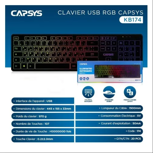 Clavier CAPSYS KB174 USB ILLUMINATED